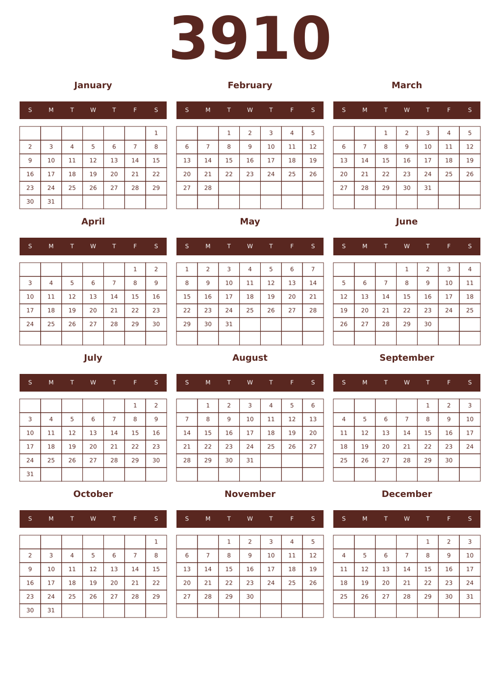 Printable 3910 Year Calendars mortuum