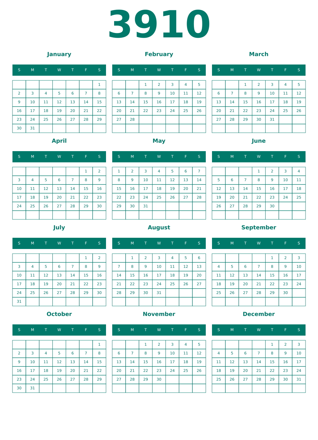 Printable 3910 Year Calendars pastel
