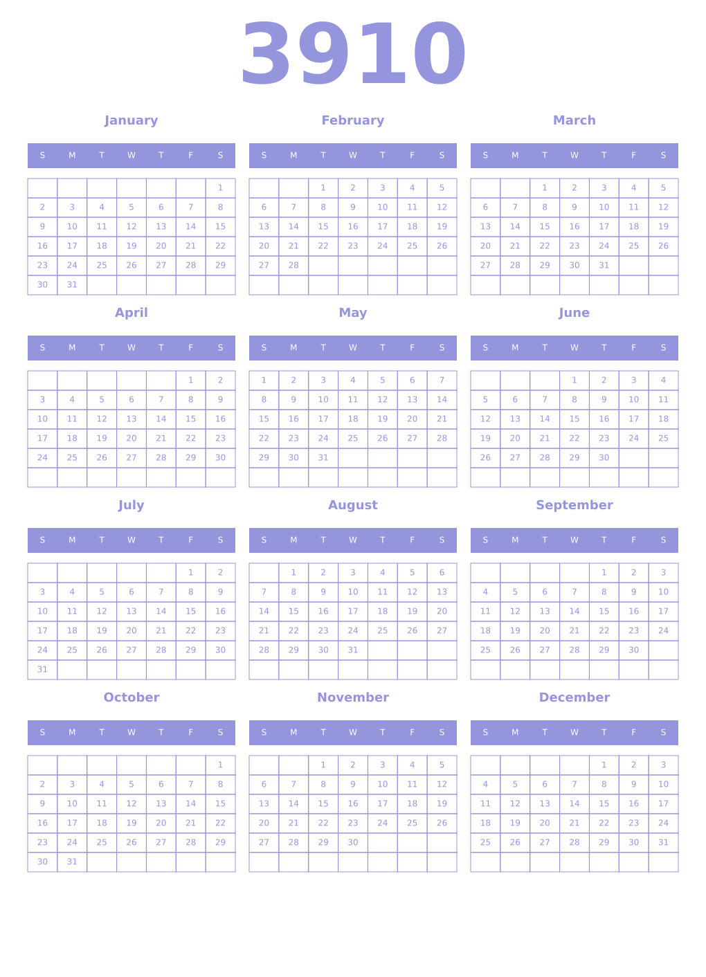 Printable 3910 Year Calendars periwinkle