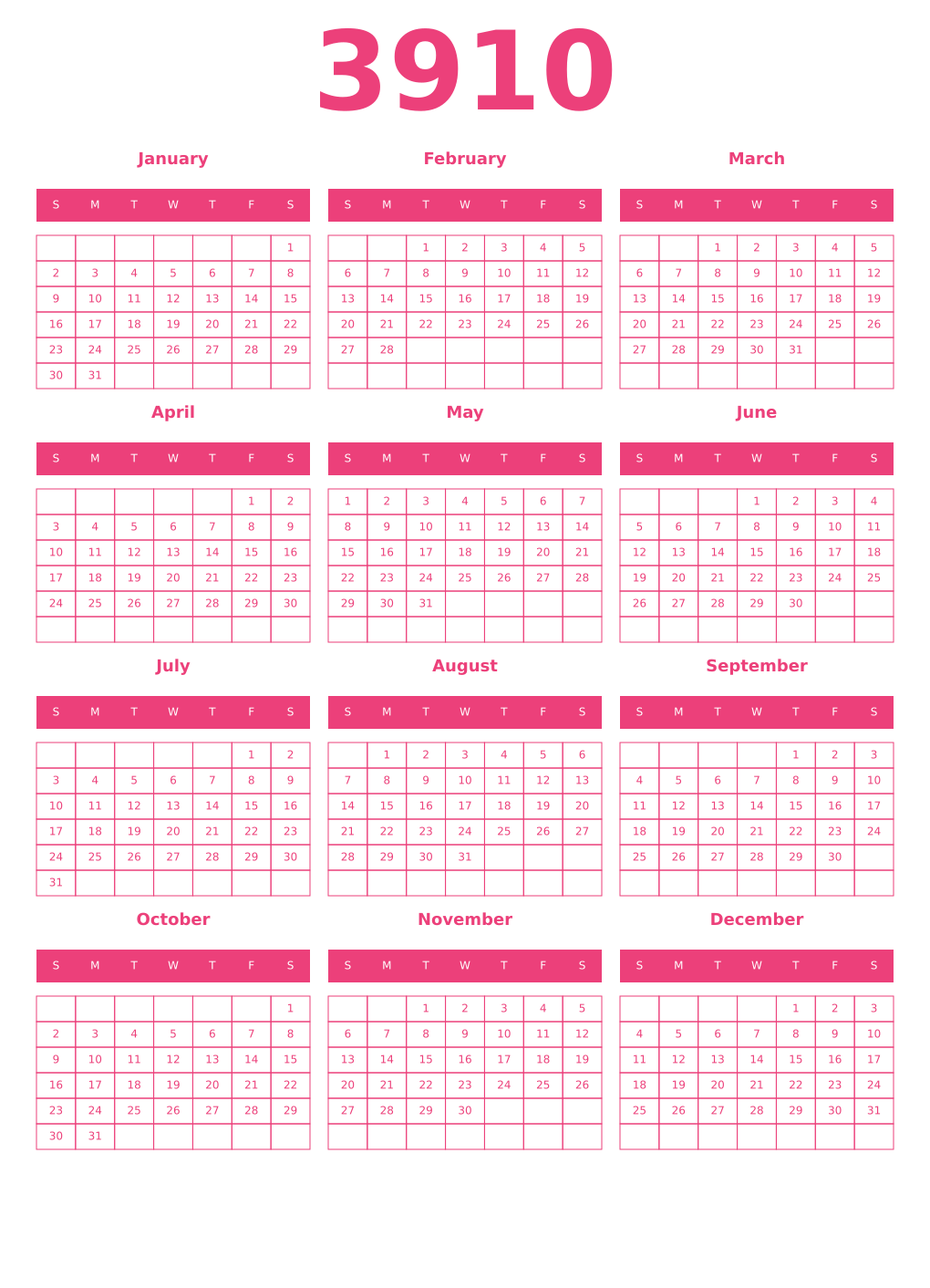 Printable 3910 Year Calendars pink