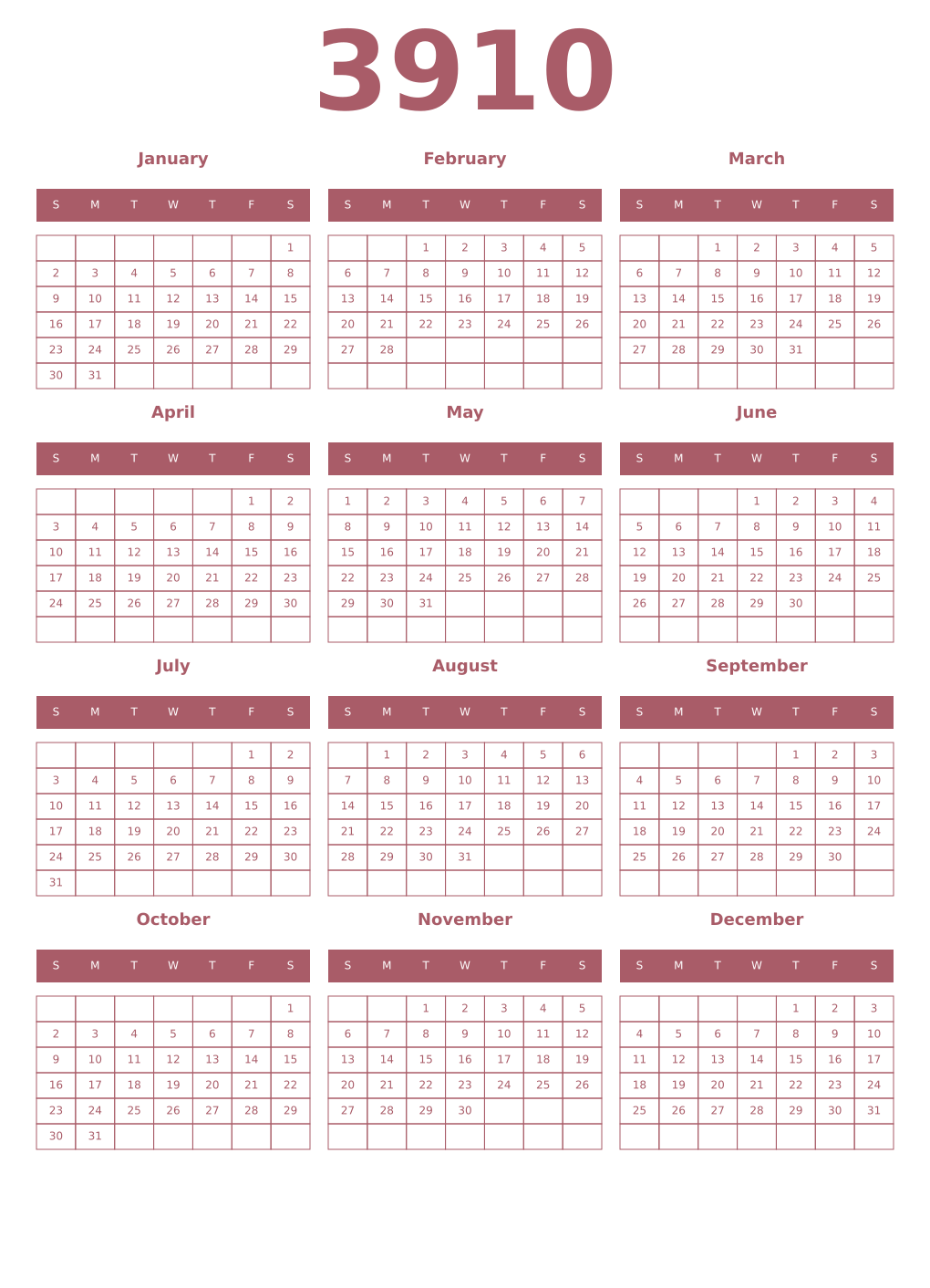 Printable 3910 Year Calendars puce