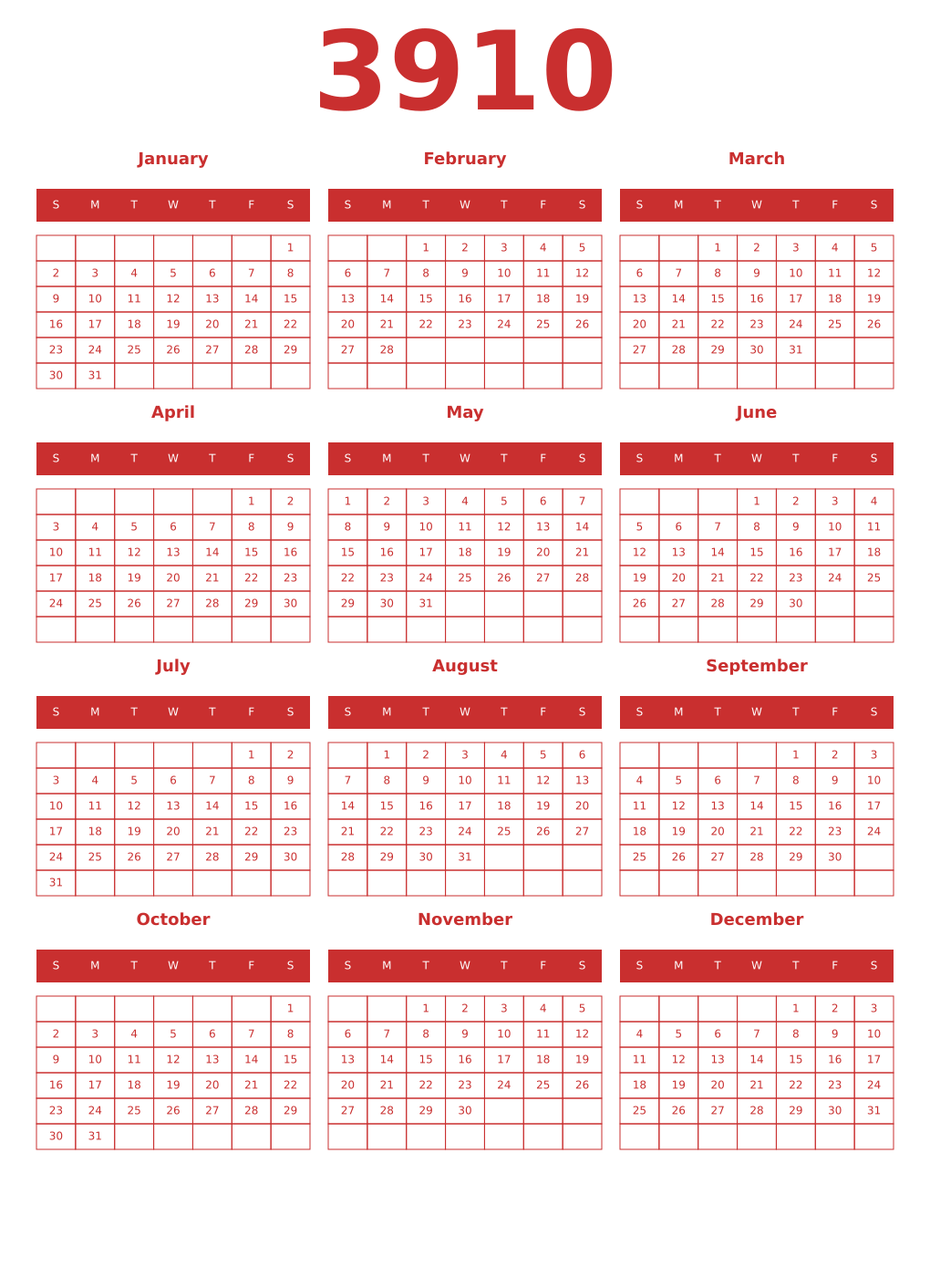 Printable 3910 Year Calendars red