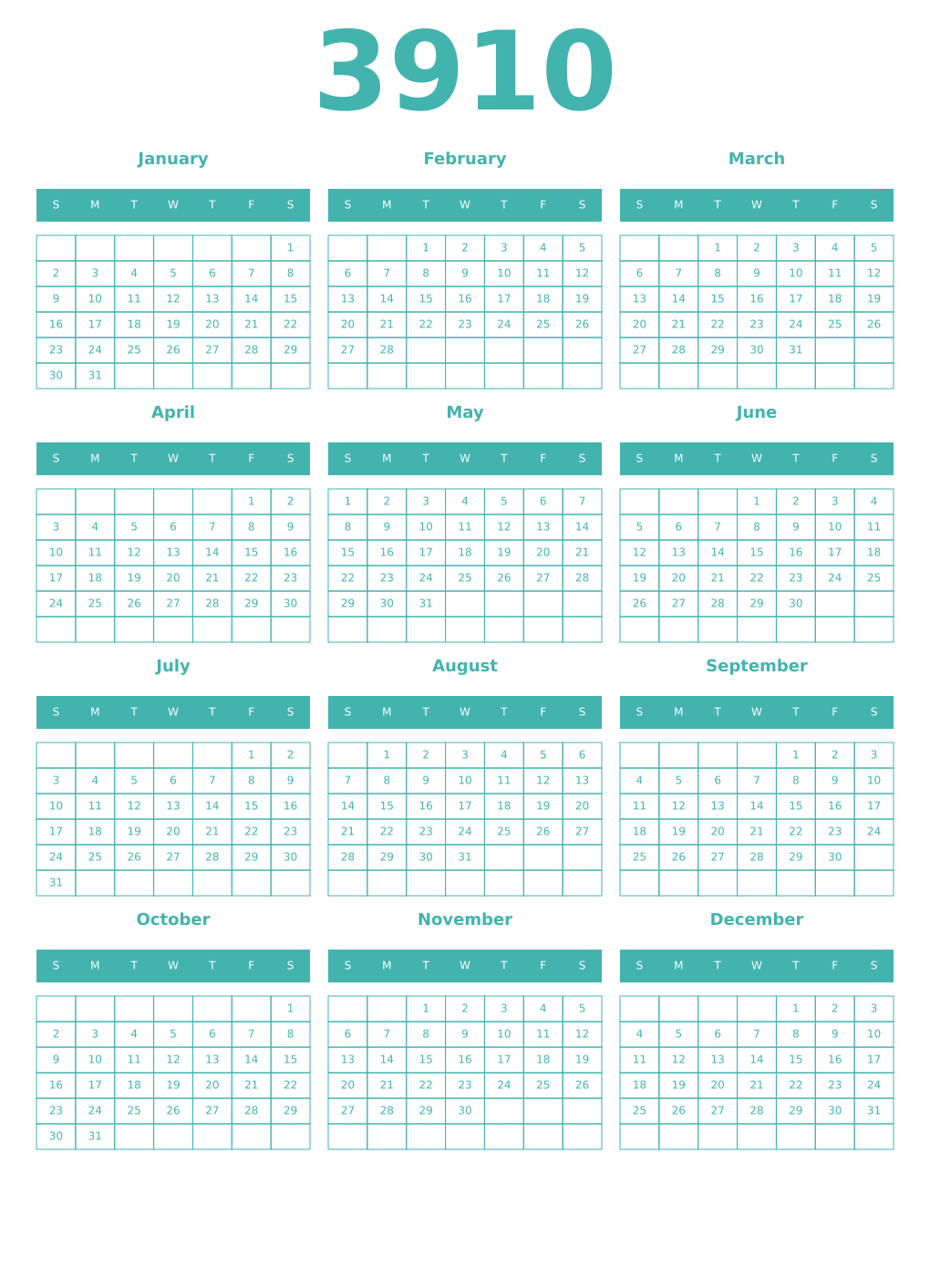 Printable 3910 Year Calendars verdigris