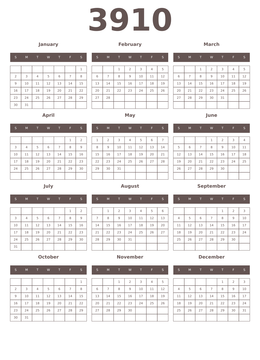 Printable 3910 Year Calendars wenge