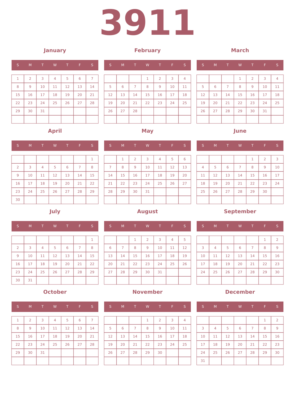 Printable 3911 Year Calendars puce
