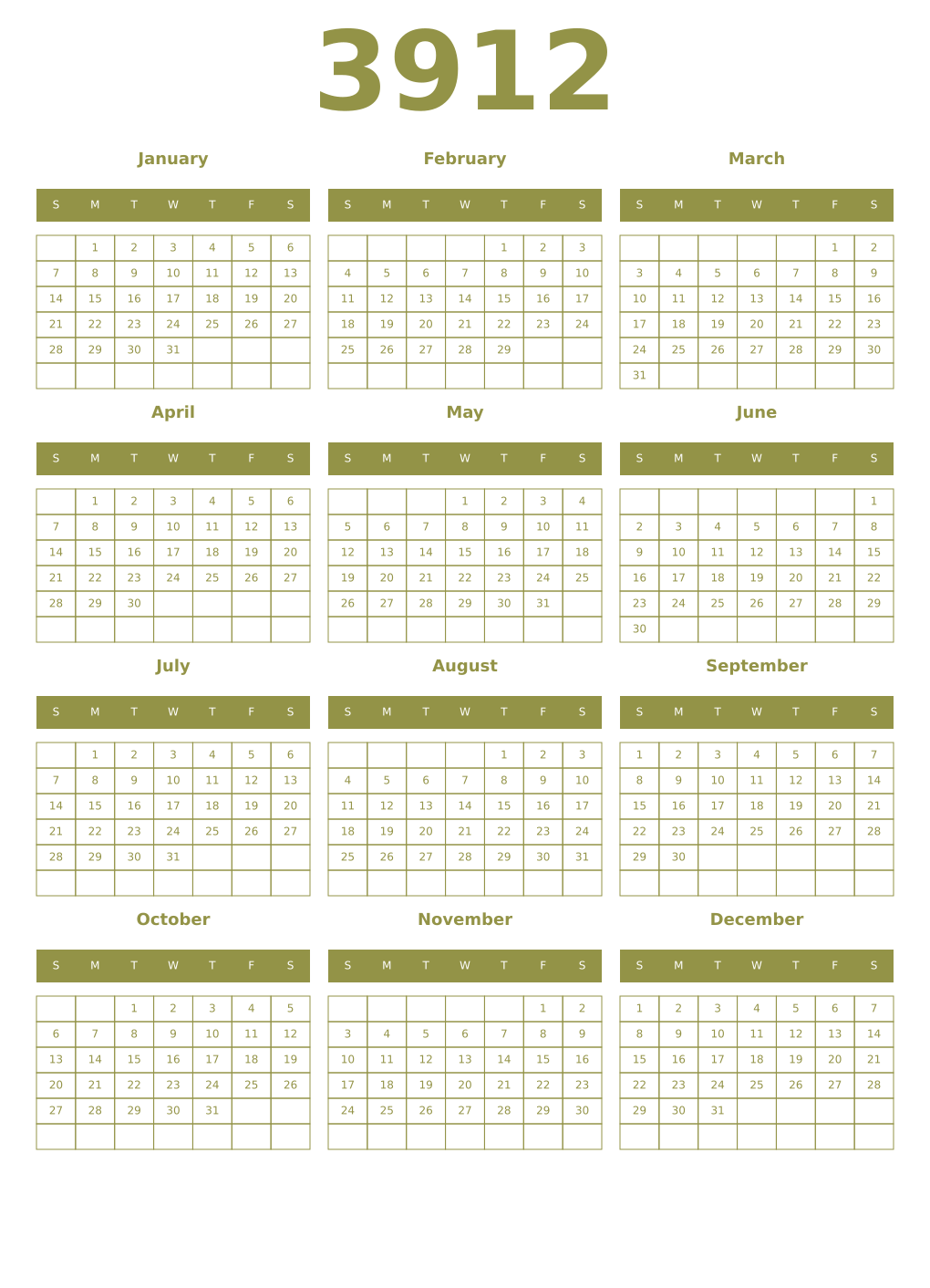 Printable 3912 Year Calendars eburnean