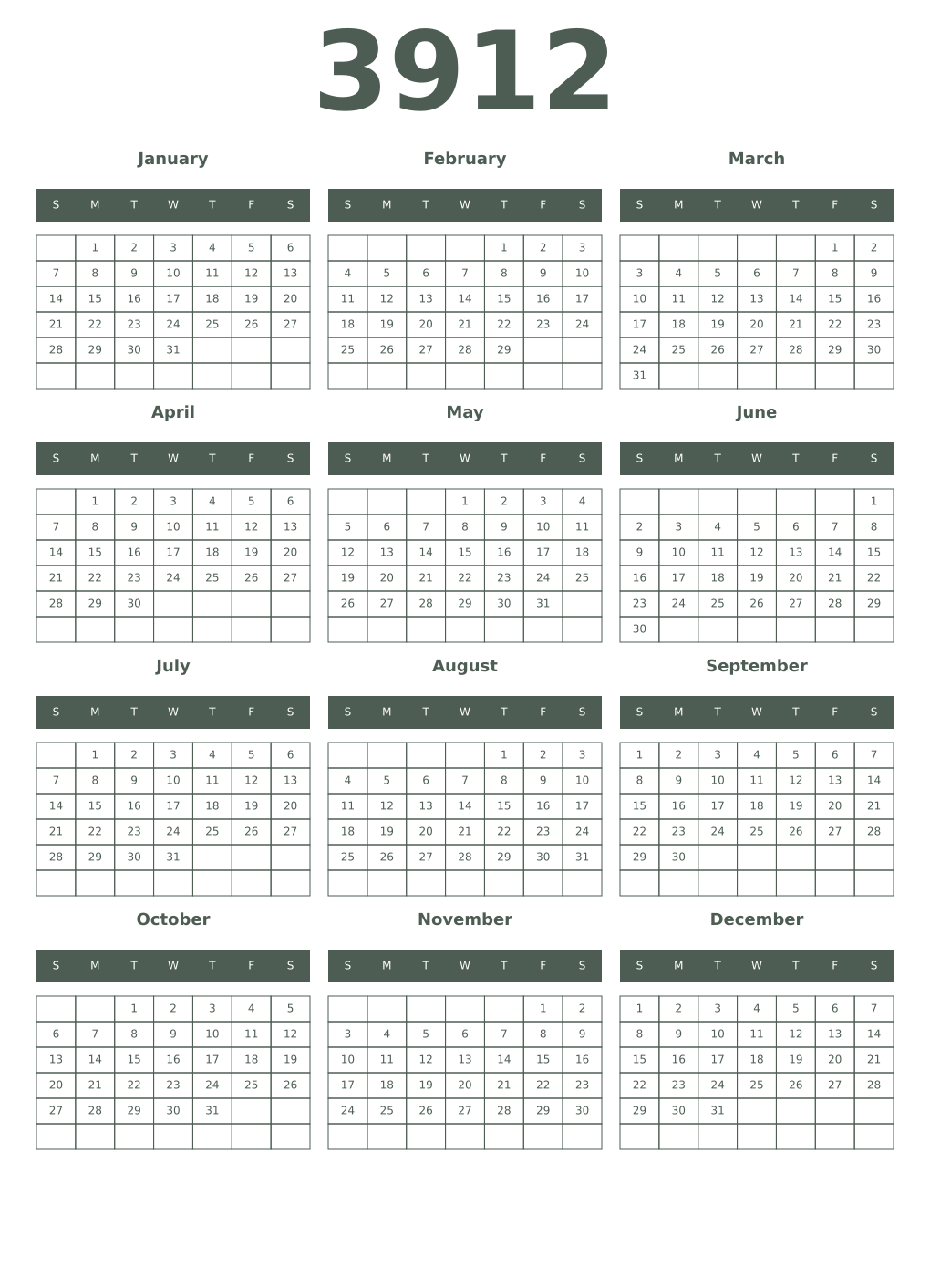 Printable 3912 Year Calendars feldgrau