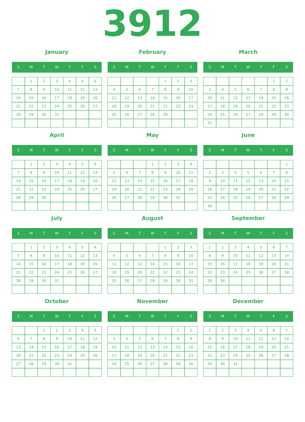 Printable 3912 Year Calendars green