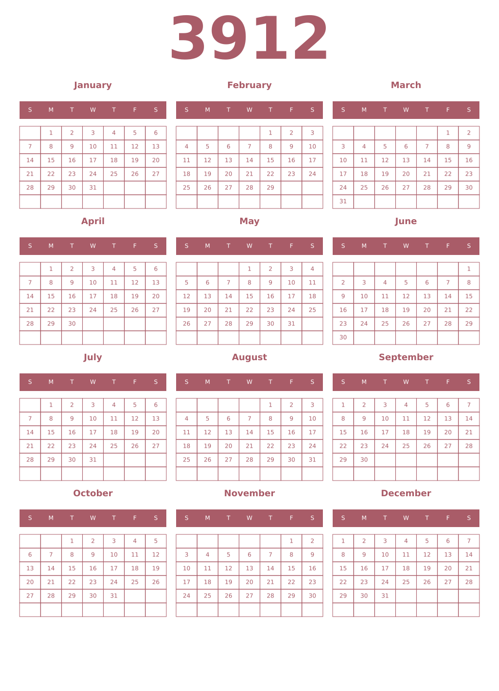 Printable 3912 Year Calendars puce