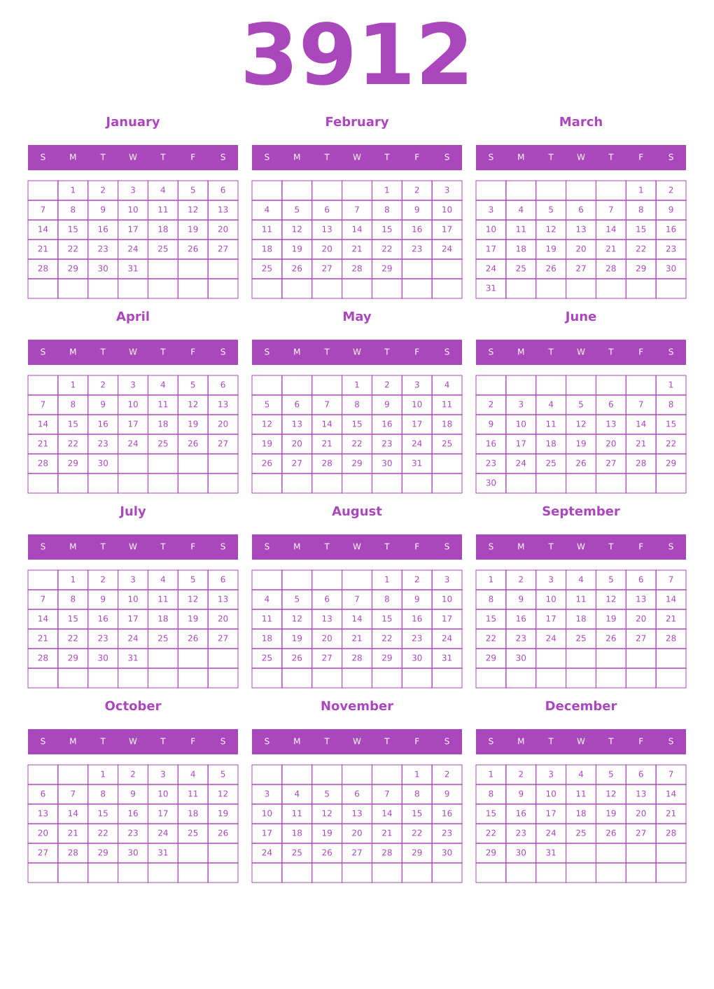Printable 3912 Year Calendars purple