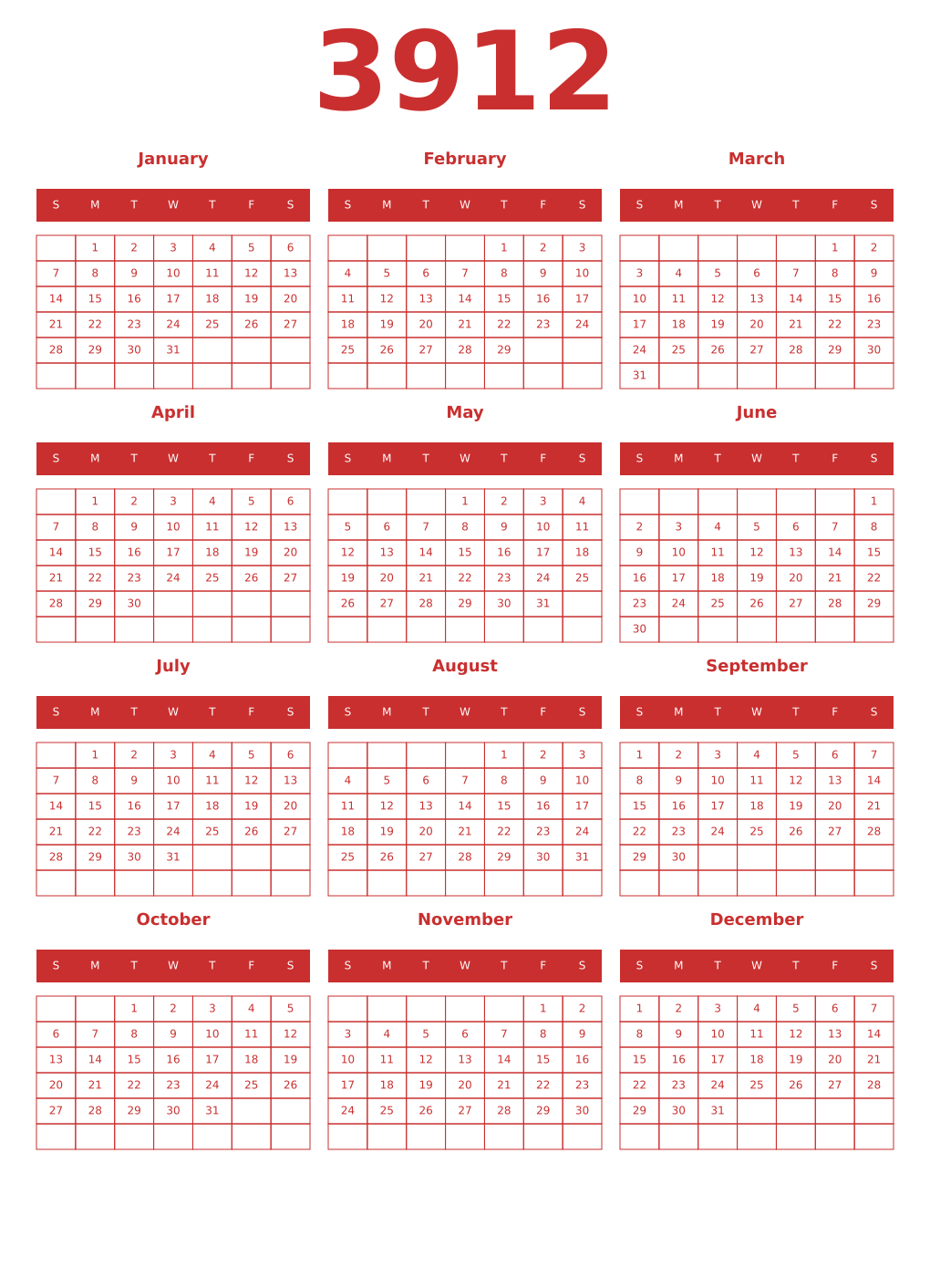 Printable 3912 Year Calendars red