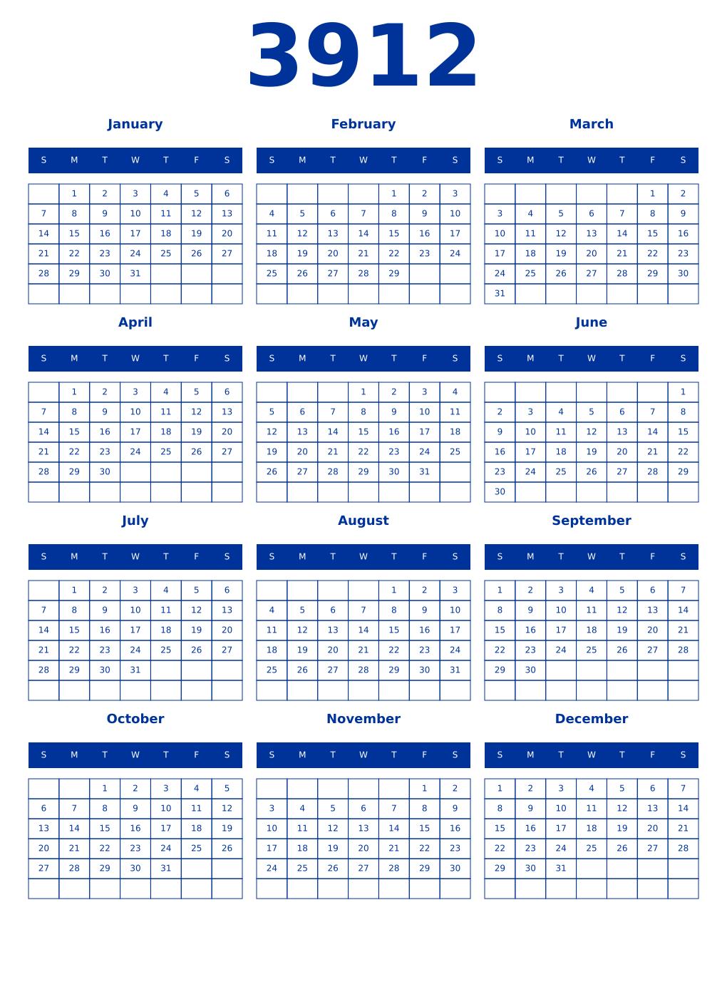 Printable 3912 Year Calendars smalt