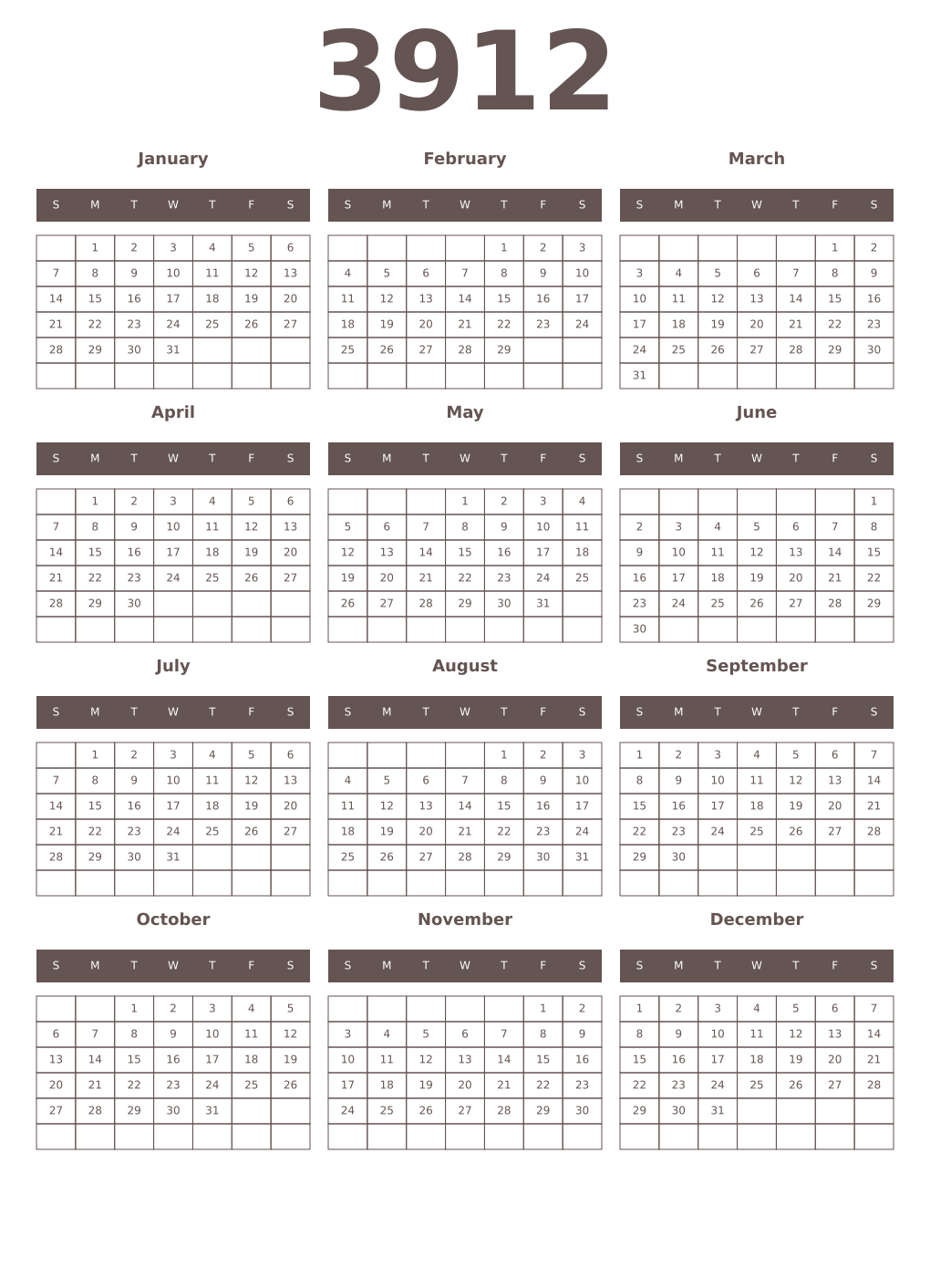 Printable 3912 Year Calendars wenge