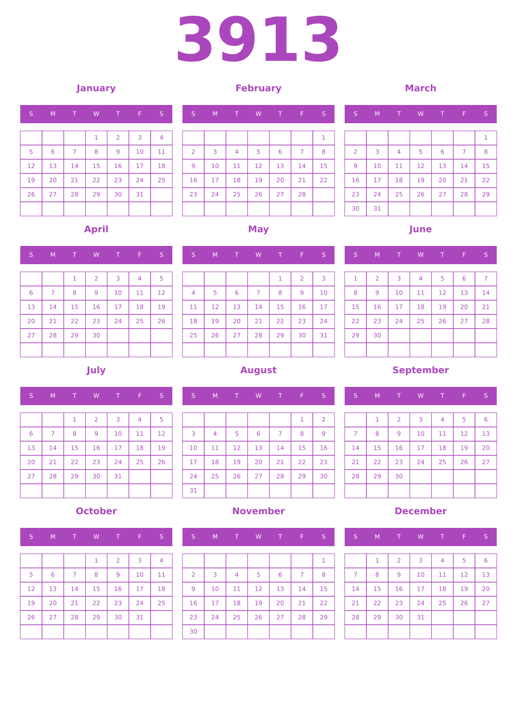 Printable 3913 Calendars