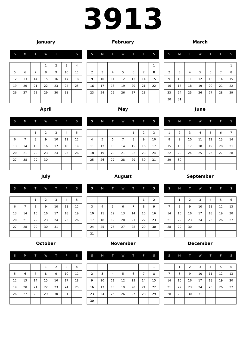 Printable 3913 Year Calendars black