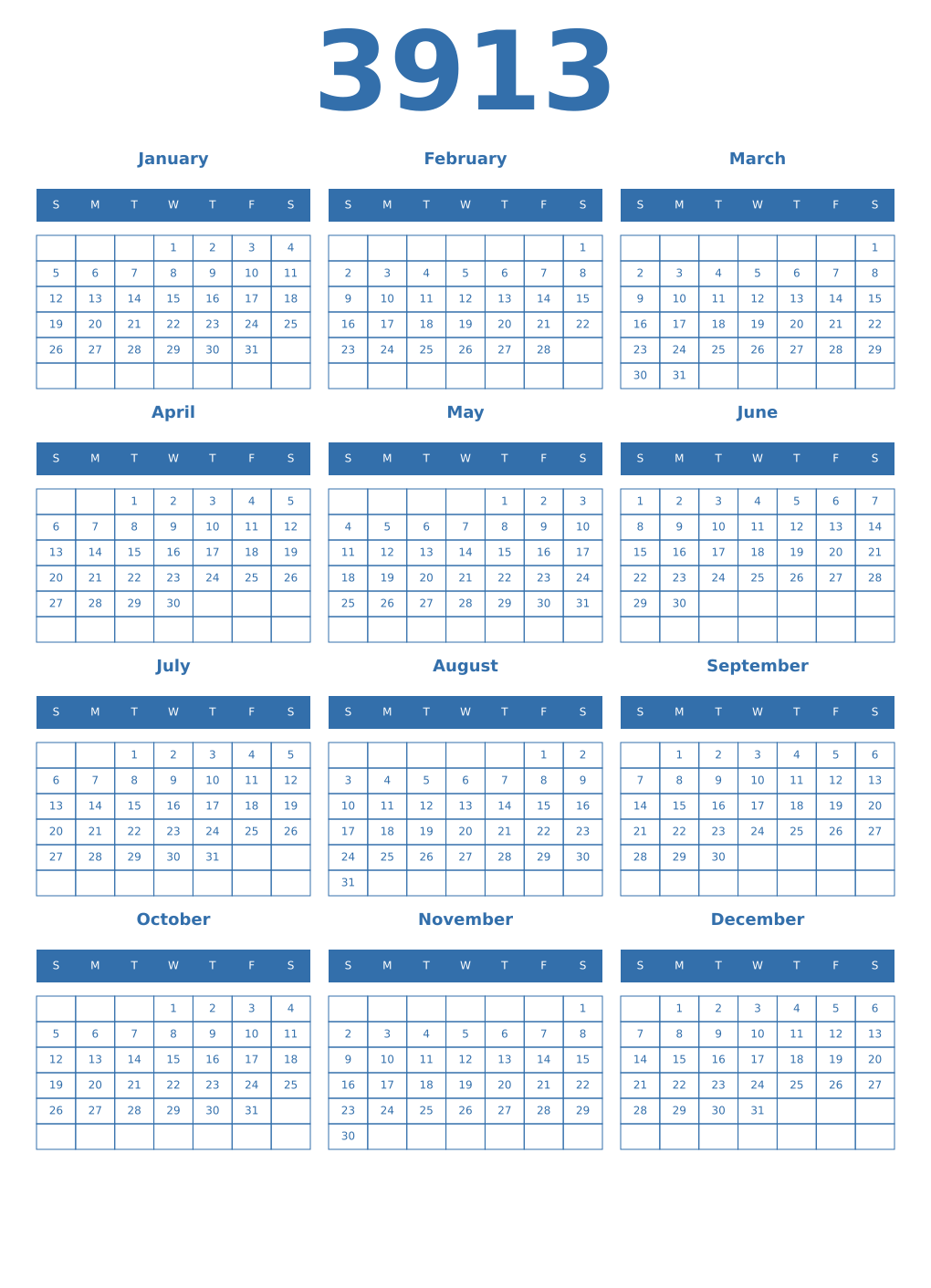 Printable 3913 Year Calendars blue