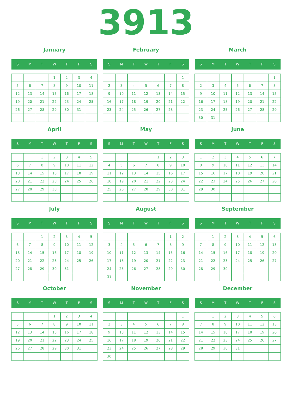 Printable 3913 Year Calendars green