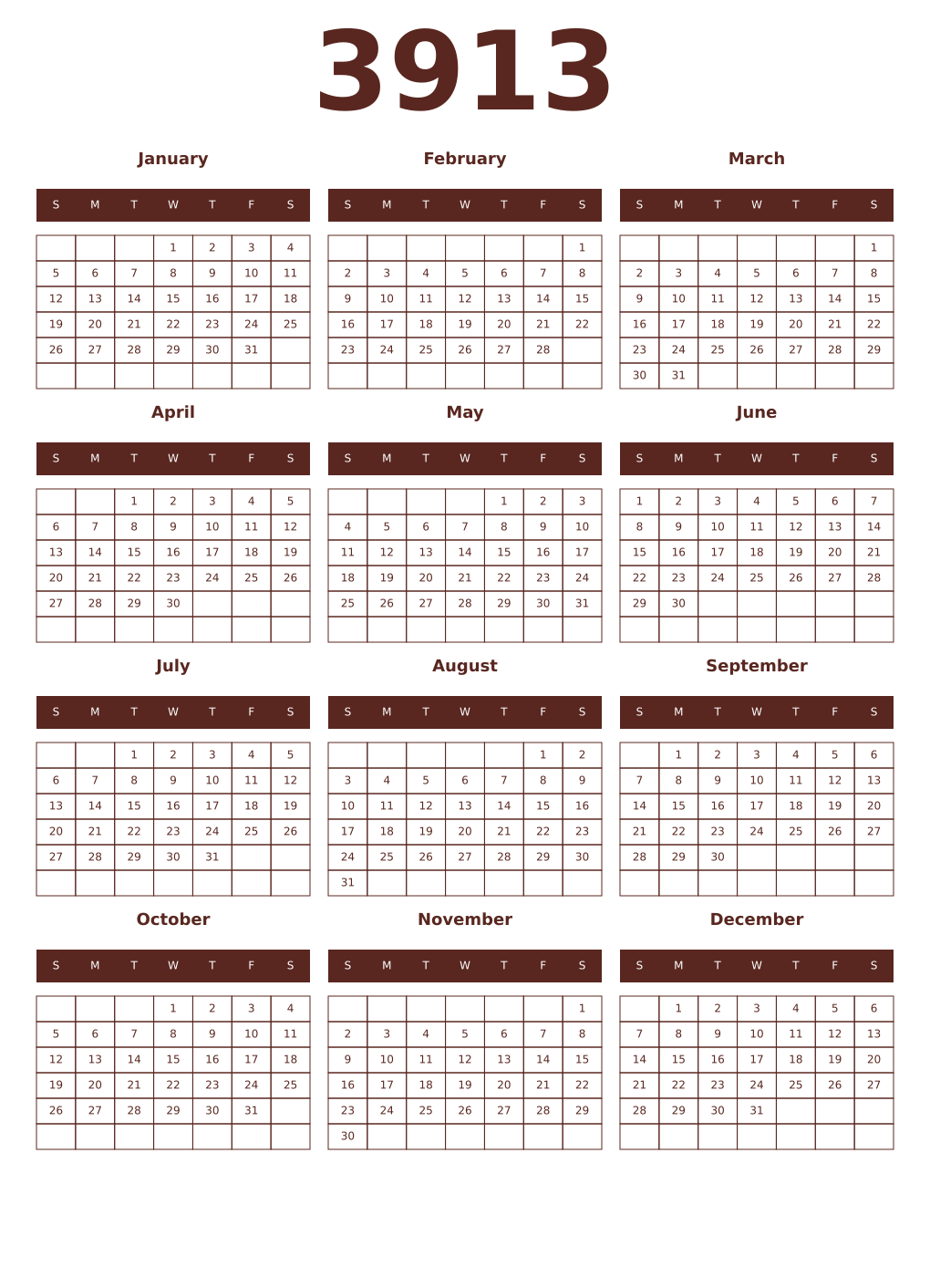 Printable 3913 Year Calendars mortuum