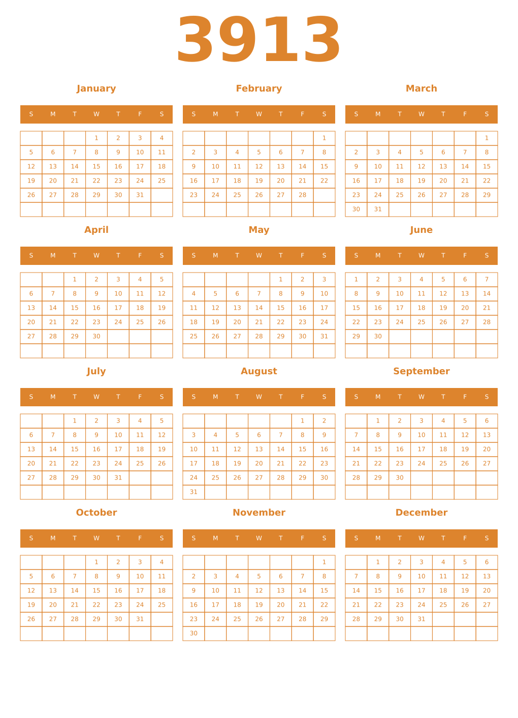 Printable 3913 Year Calendars orange