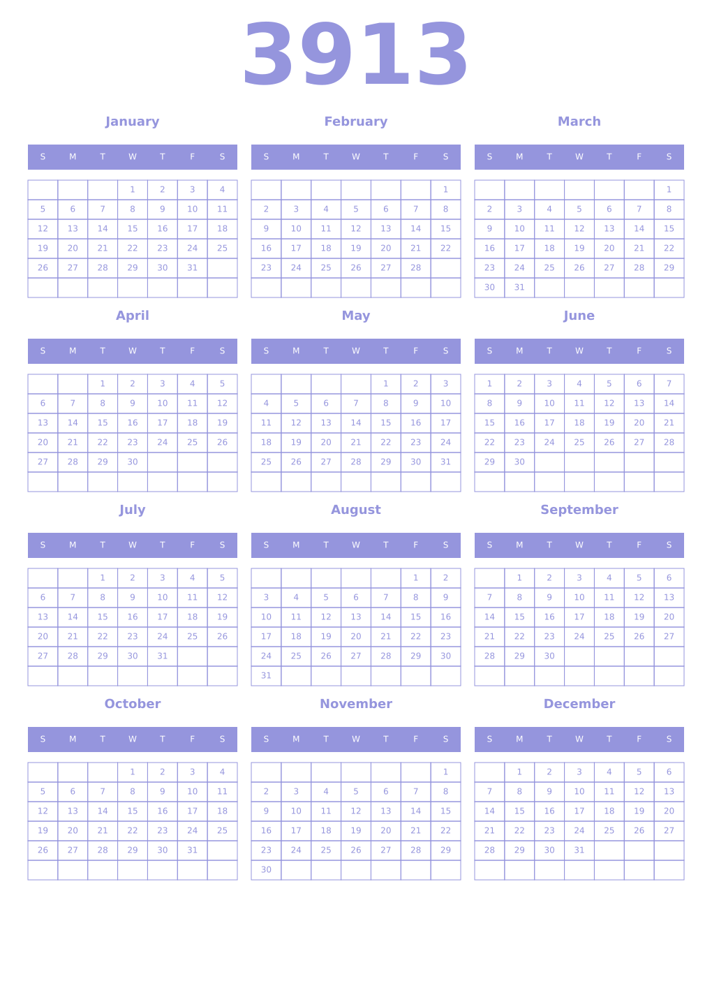 Printable 3913 Year Calendars periwinkle