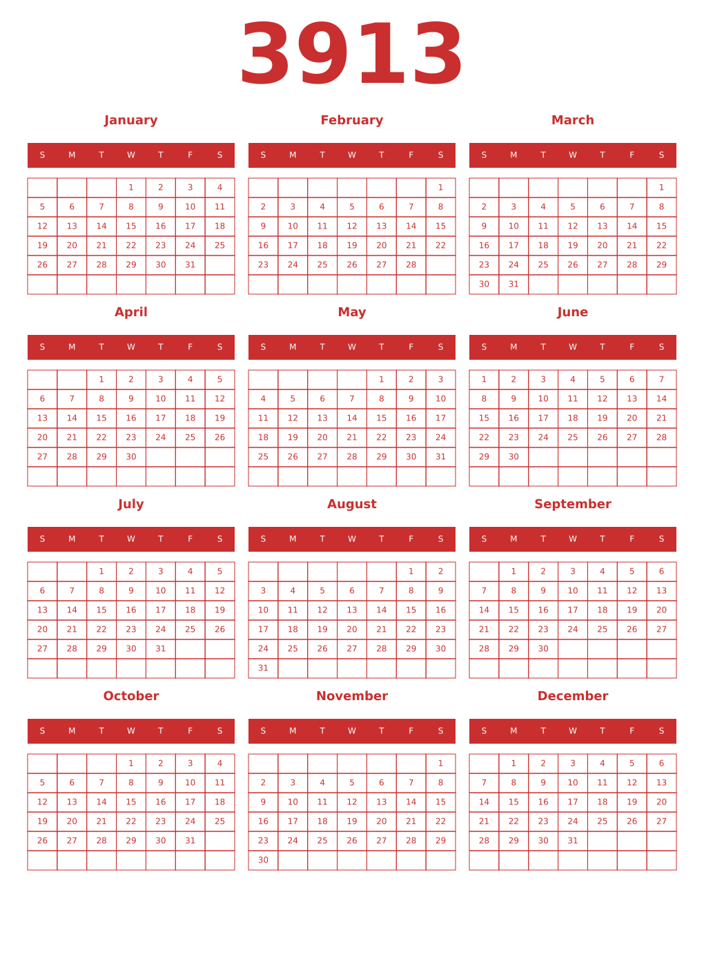 Printable 3913 Year Calendars red