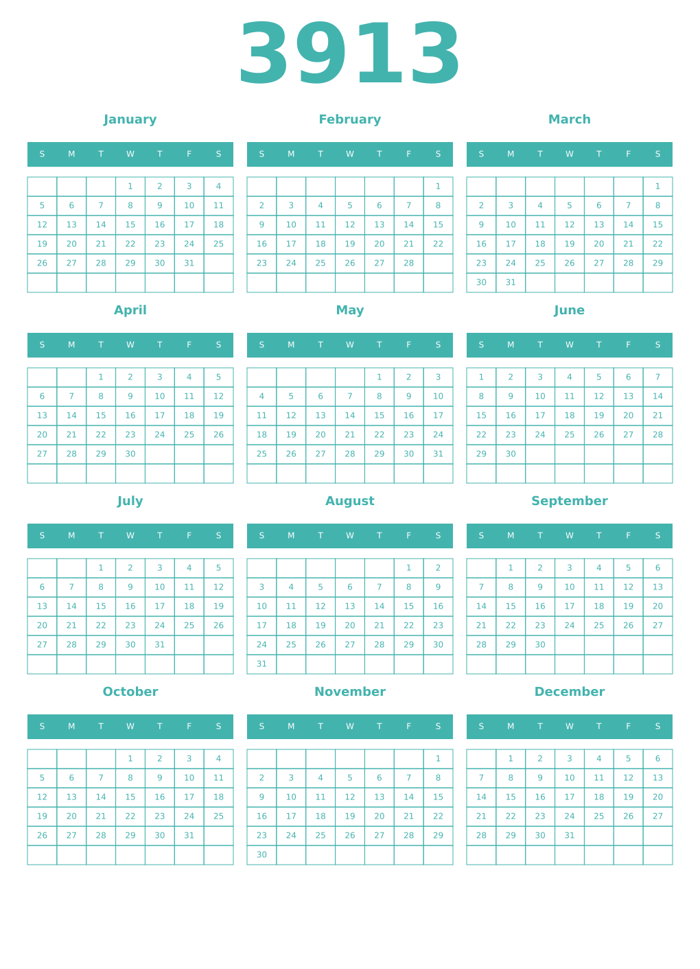 Printable 3913 Year Calendars verdigris