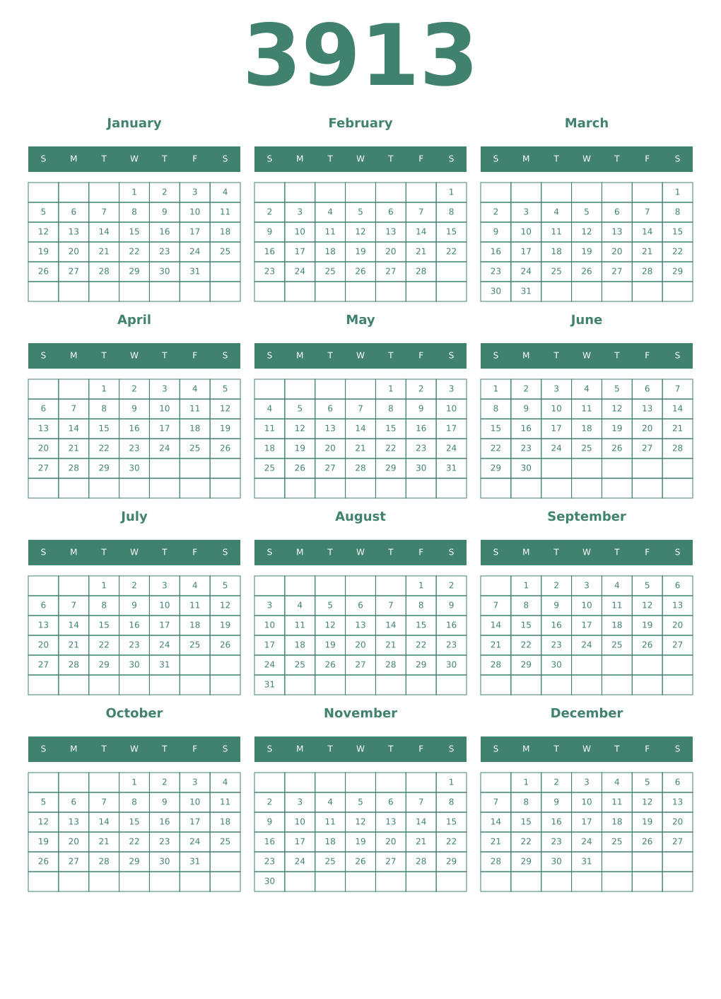 Printable 3913 Year Calendars viridian