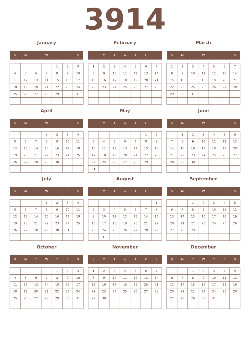 Printable 3914 Year Calendars coffe
