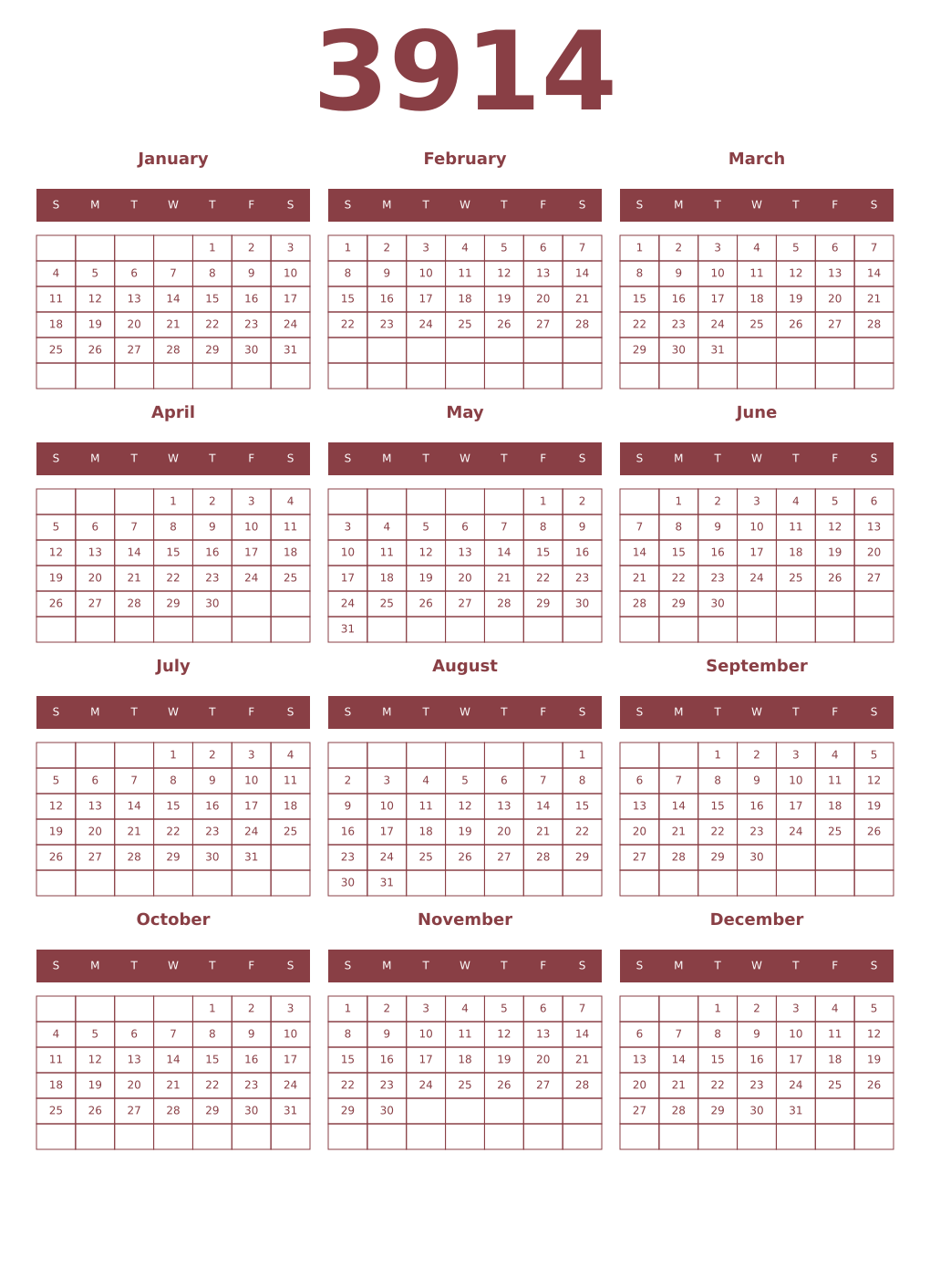Printable 3914 Year Calendars cordovan