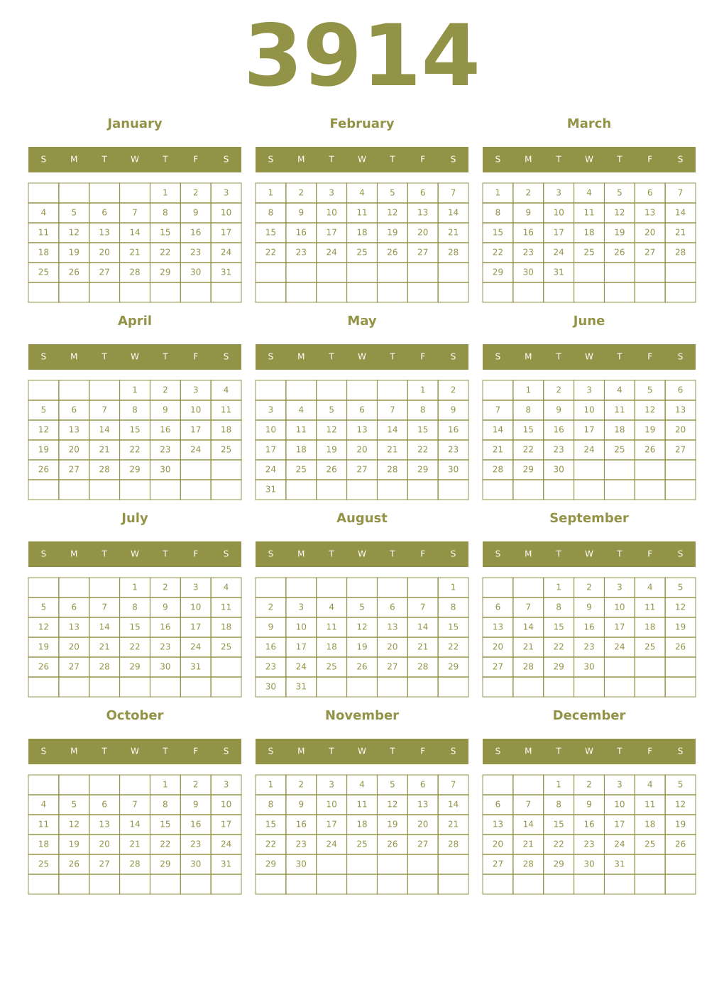Printable 3914 Year Calendars eburnean