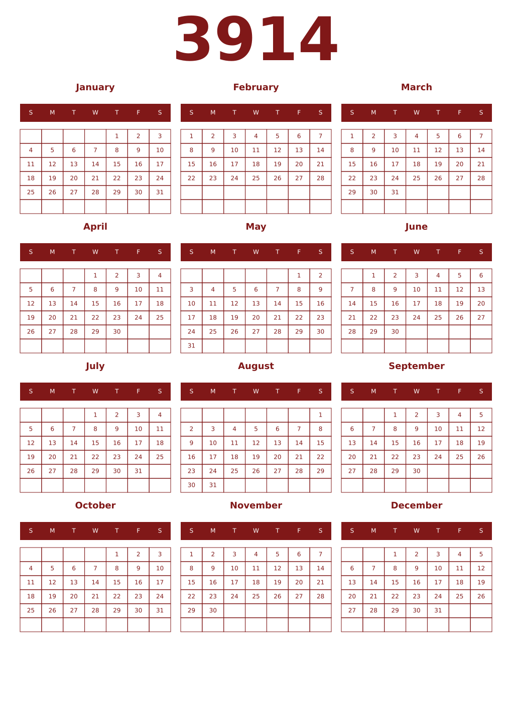 Printable 3914 Year Calendars falu
