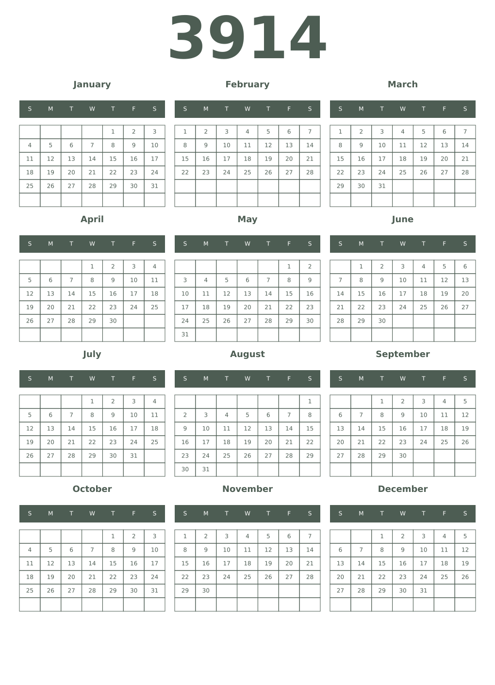 Printable 3914 Year Calendars feldgrau