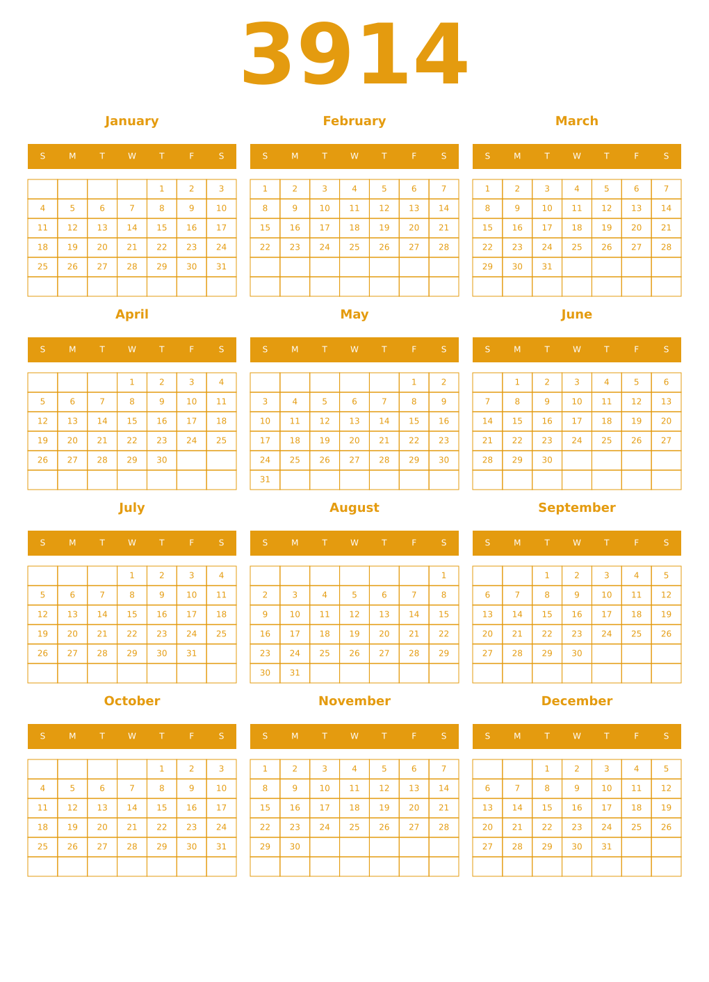 Printable 3914 Year Calendars gamboge