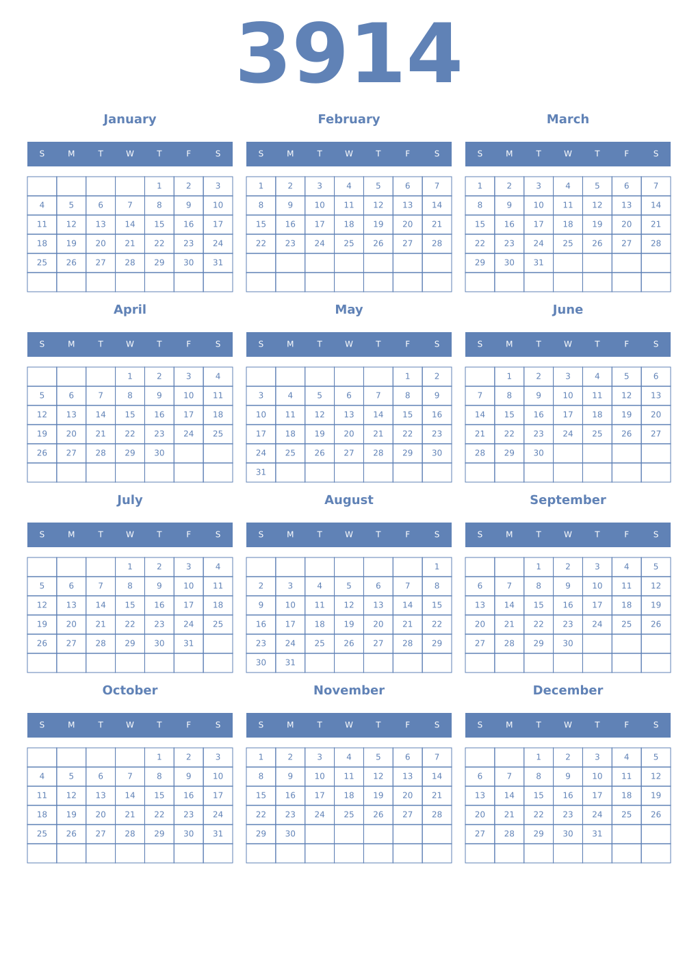 Printable 3914 Year Calendars glaucous