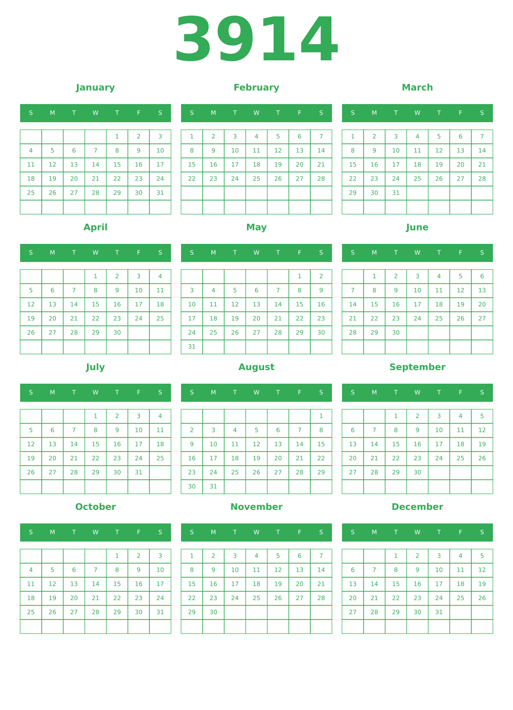 Printable 3914 Year Calendars green