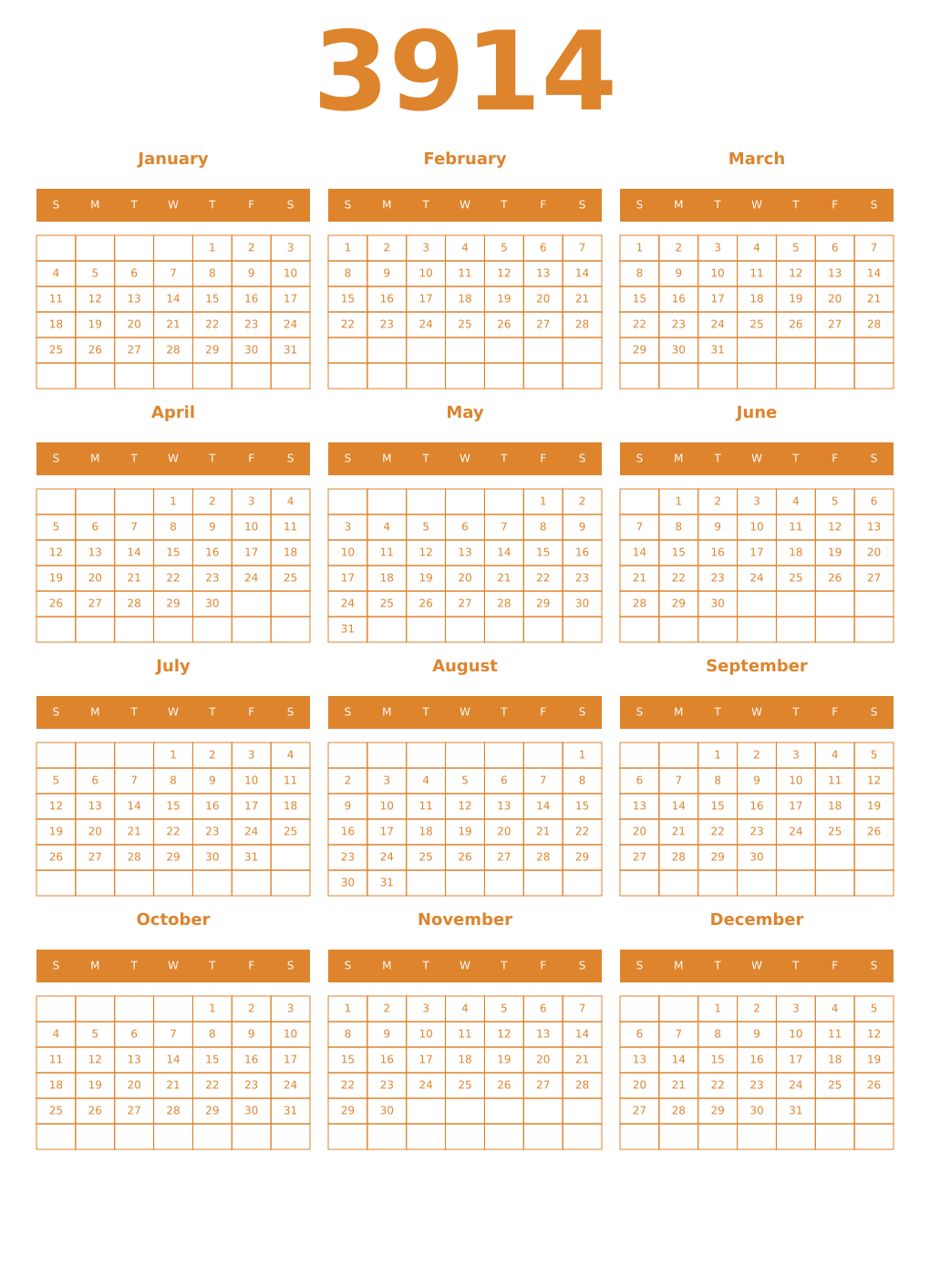 Printable 3914 Year Calendars orange