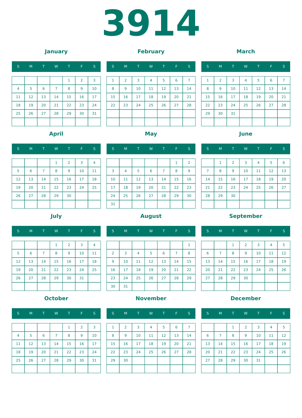 Printable 3914 Year Calendars pastel