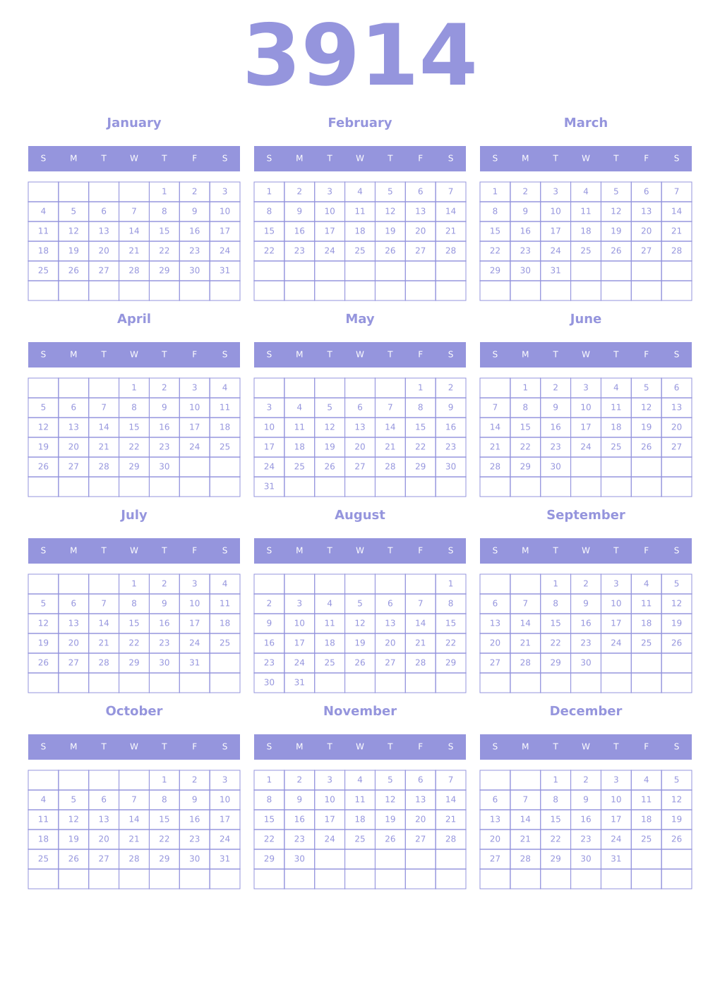 Printable 3914 Year Calendars periwinkle