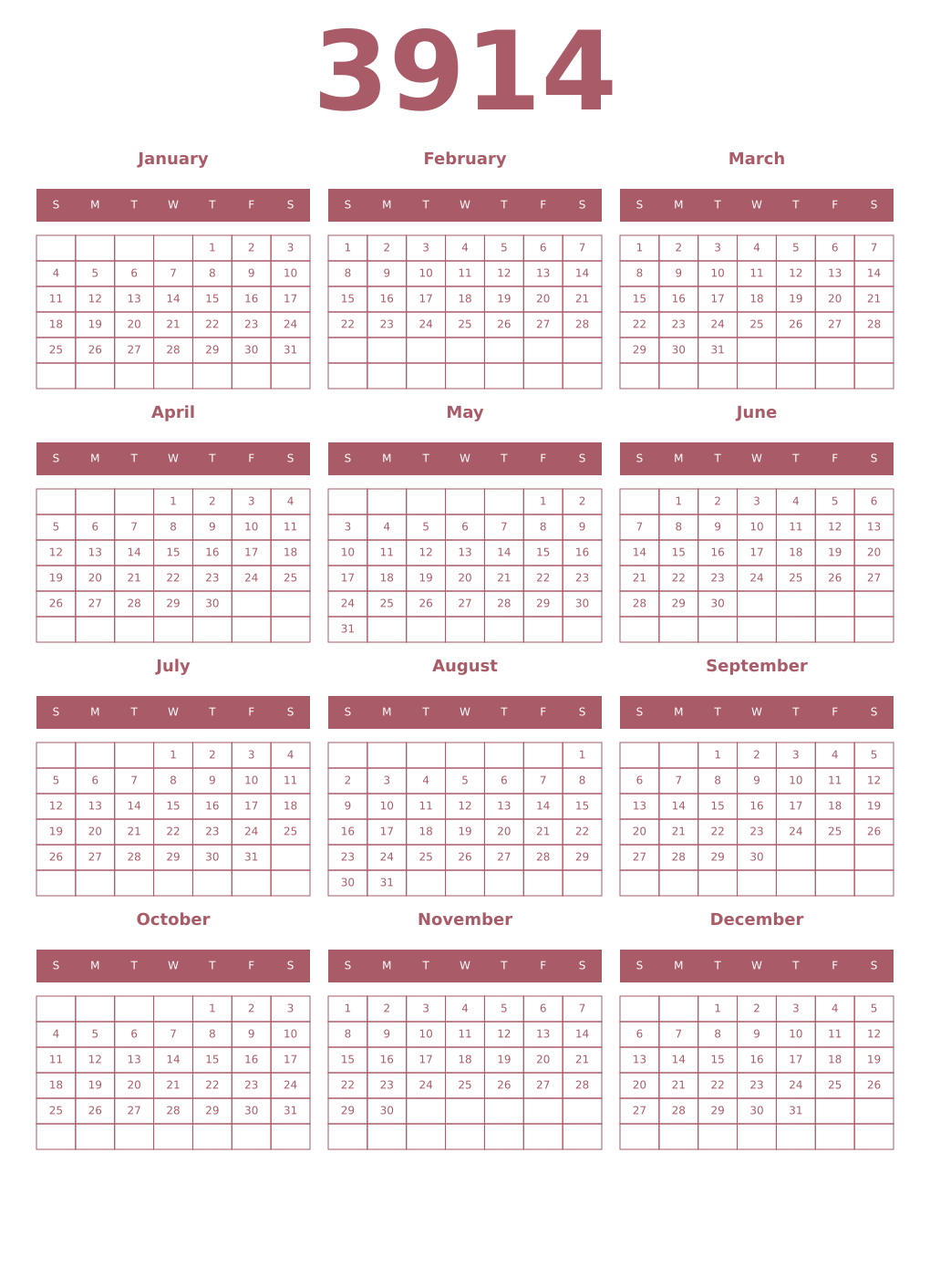 Printable 3914 Year Calendars puce