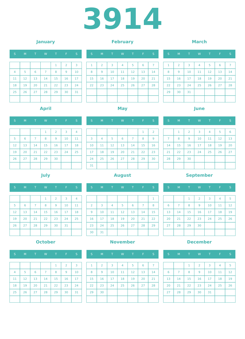 Printable 3914 Year Calendars verdigris