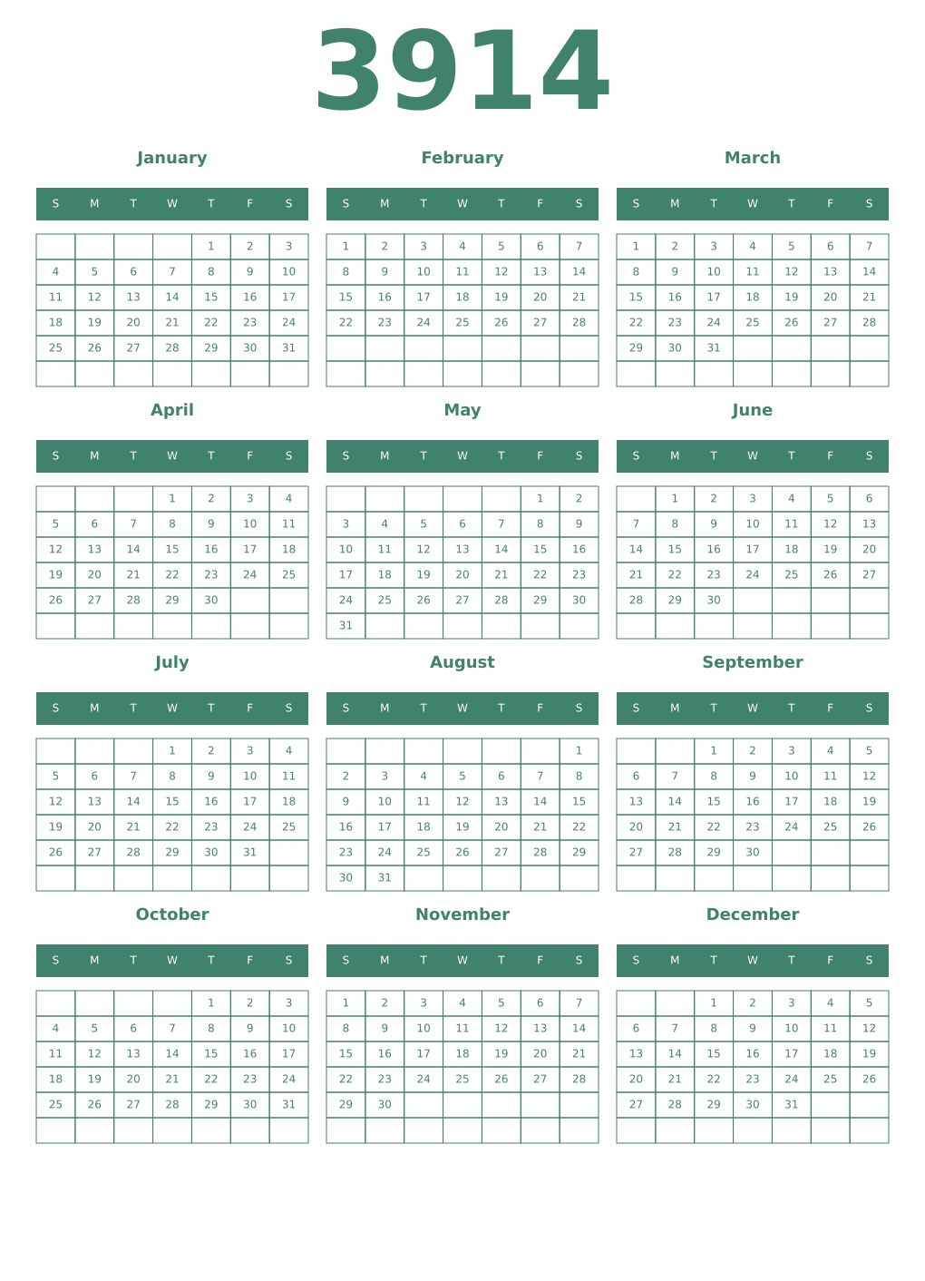 Printable 3914 Year Calendars viridian