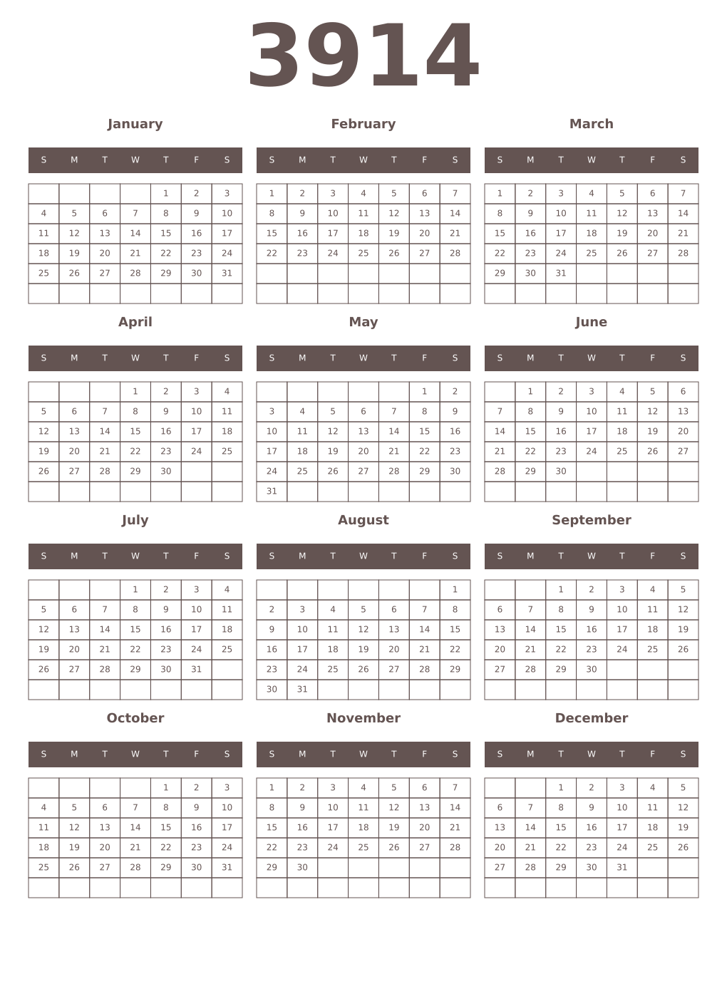 Printable 3914 Year Calendars wenge