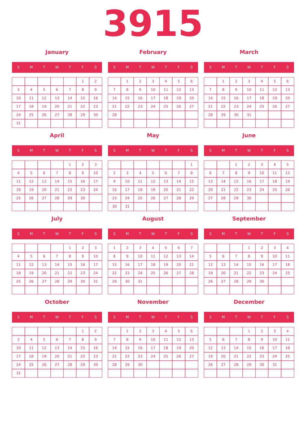 Printable 3915 Year Calendars amaranth