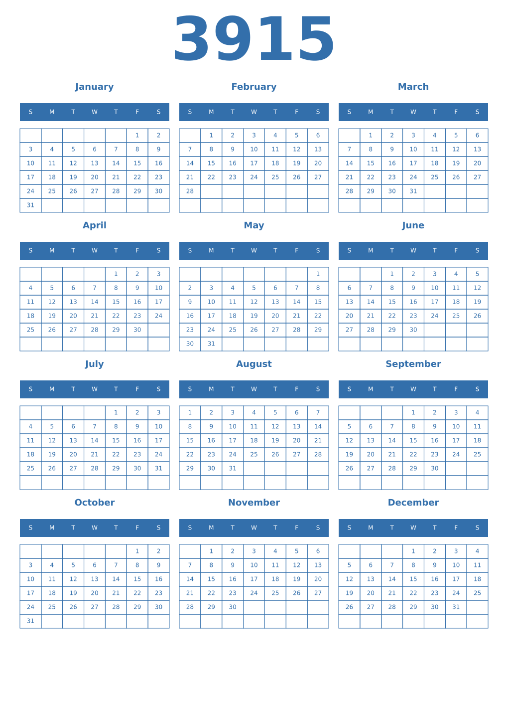 Printable 3915 Year Calendars blue