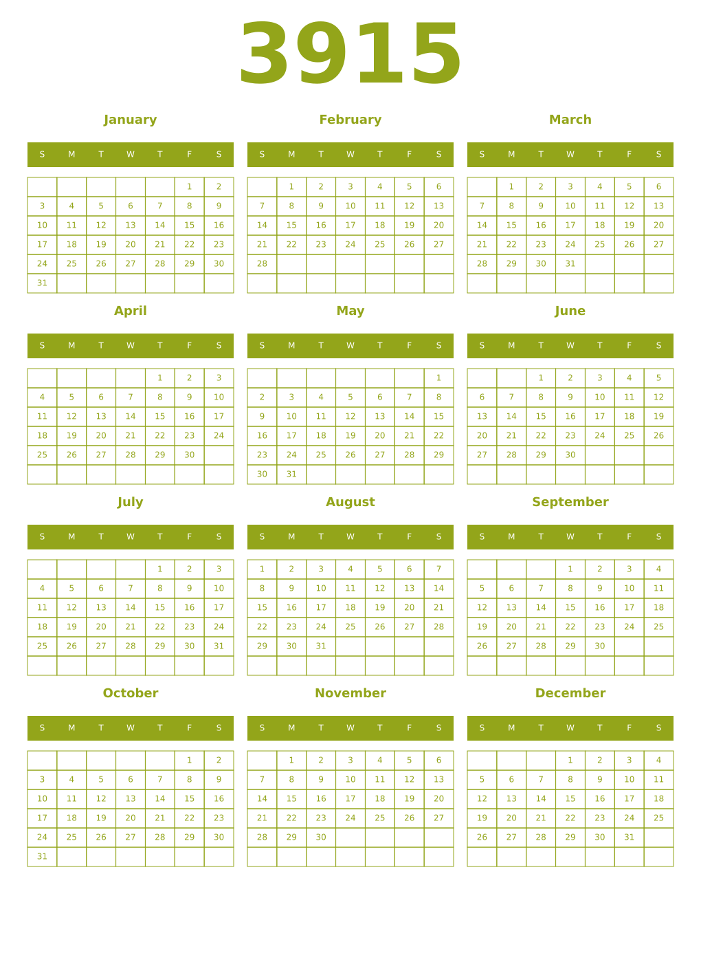 Printable 3915 Year Calendars chartreuse