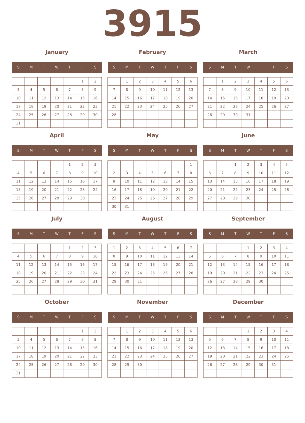 Printable 3915 Year Calendars coffe
