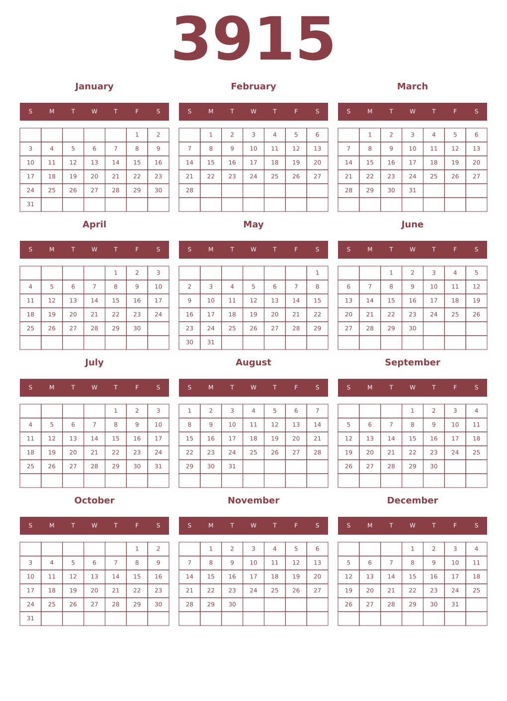 Printable 3915 Year Calendars cordovan