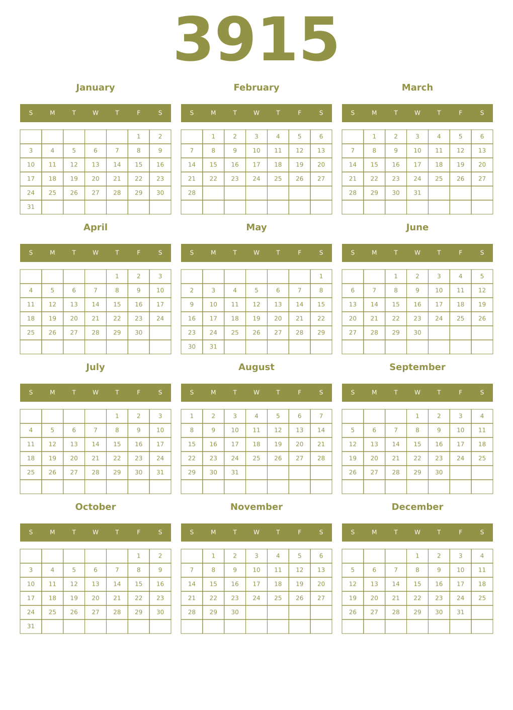 Printable 3915 Year Calendars eburnean