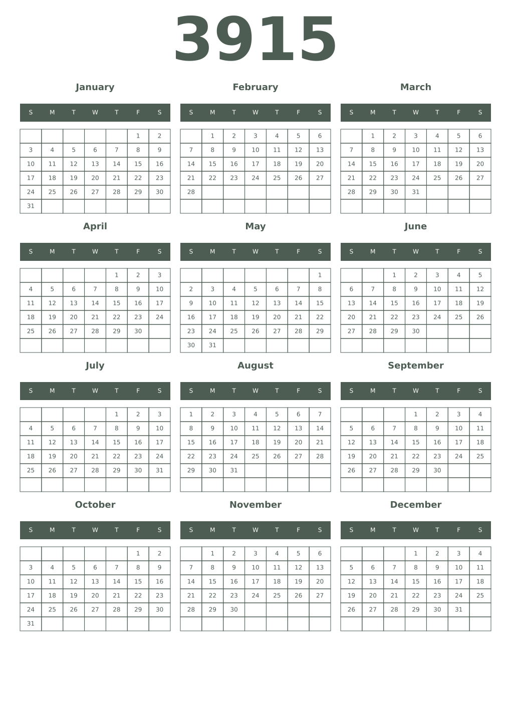 Printable 3915 Year Calendars feldgrau
