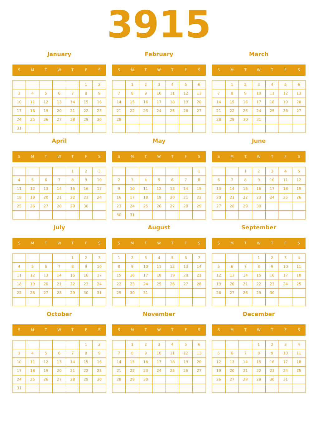 Printable 3915 Year Calendars gamboge